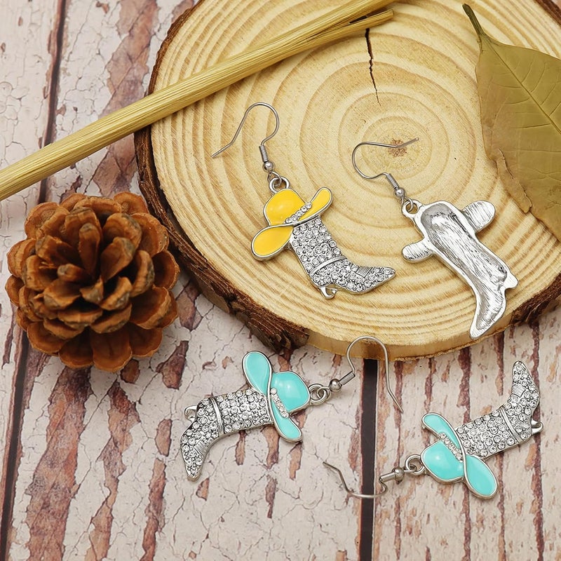 RechicGu Rhinestone Western Boots Earrings Cowgirl Cowboy Enamel Hat Bohemian Rodeo Boot Drop Dangle Earrings for Women - Image 4